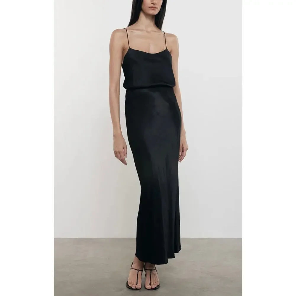 ENZA COSTA Satin Bias Cut Skirt Womens Small 1 Black Midi Pull on Slip Maxi NWOT - Picture 1 of 16